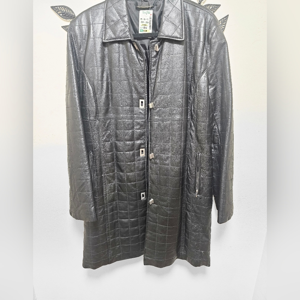 Women's BRANDON THOMAS  Long Trench Coat Black Leather Size XL 100%